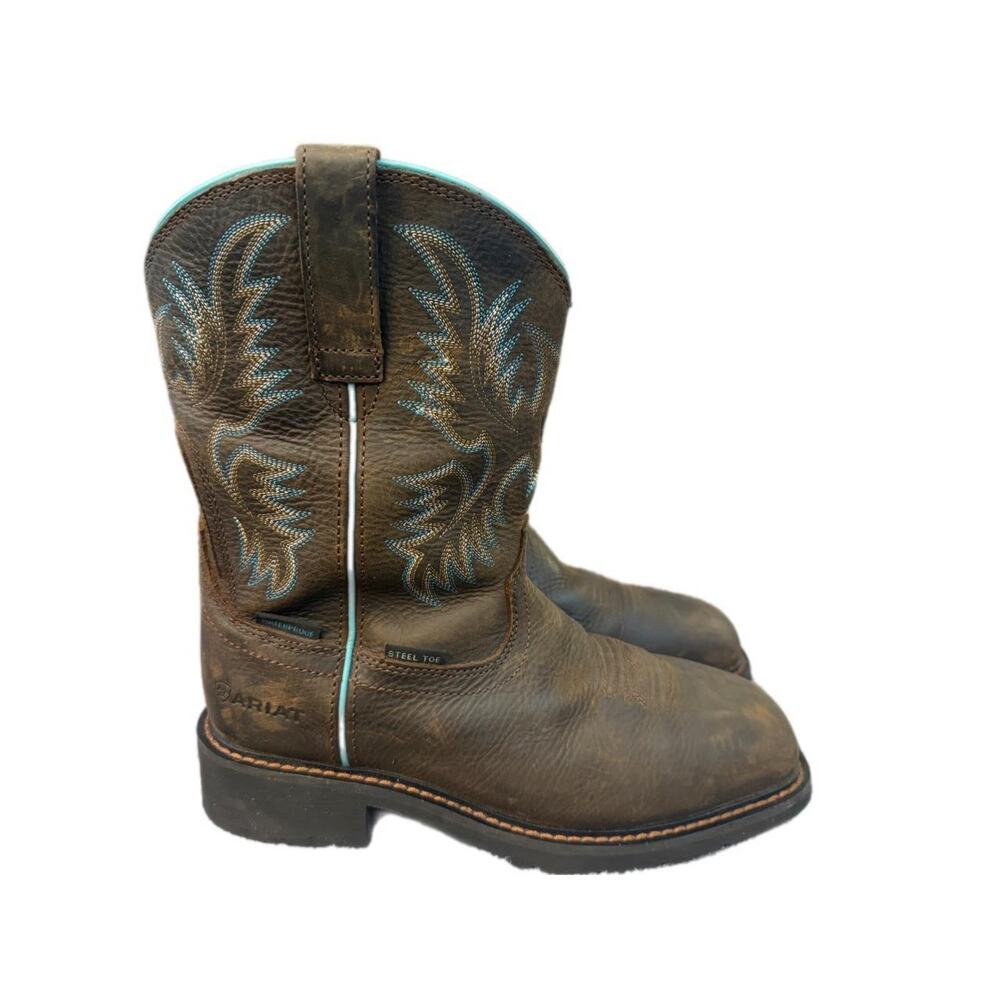 Ariat Brown Leather Western Work Heeled Boots with Turquoise Stitching